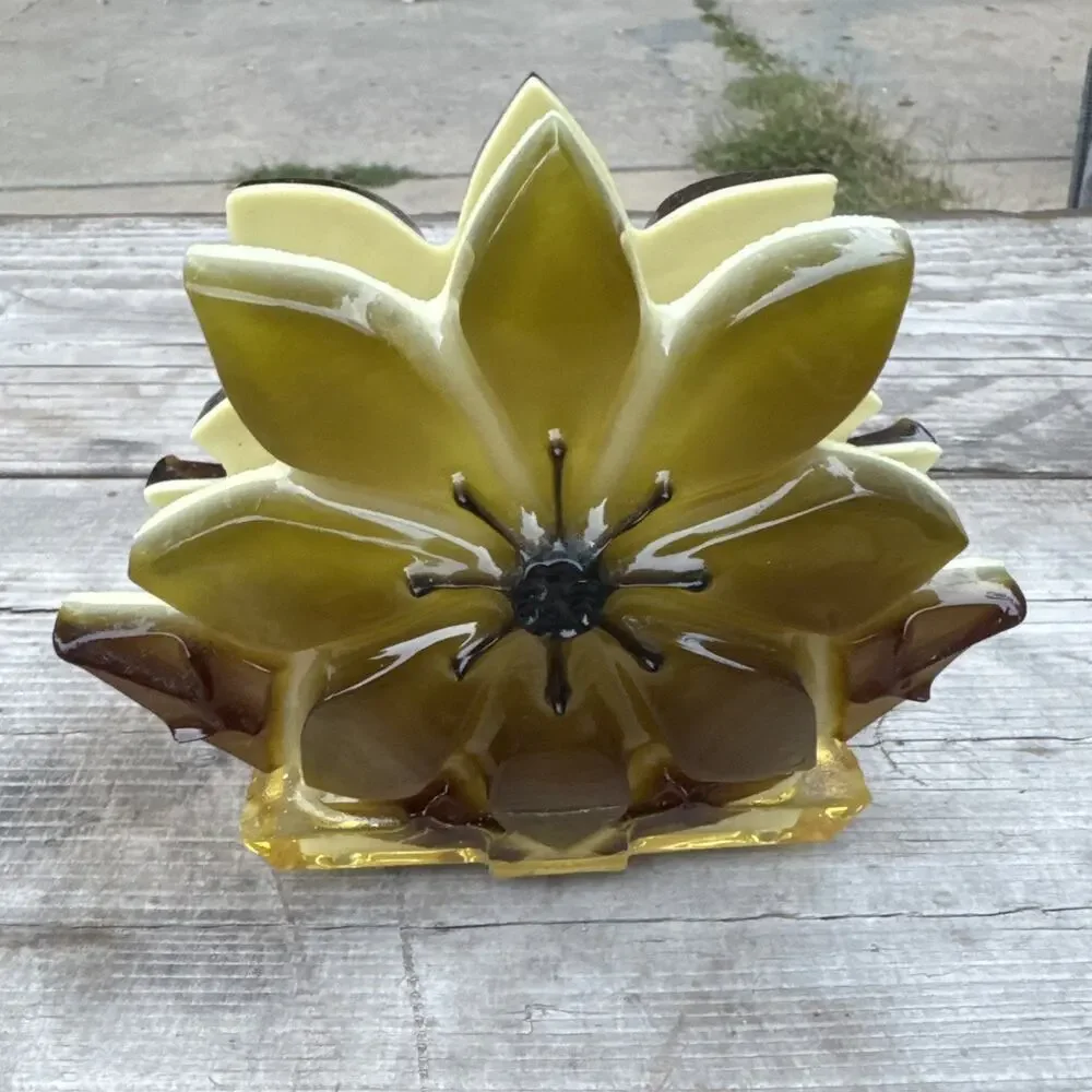 Vtg 1960s Lucite Flower Napkin Letter Holder Orange Yellow Retro Mid Century 6”